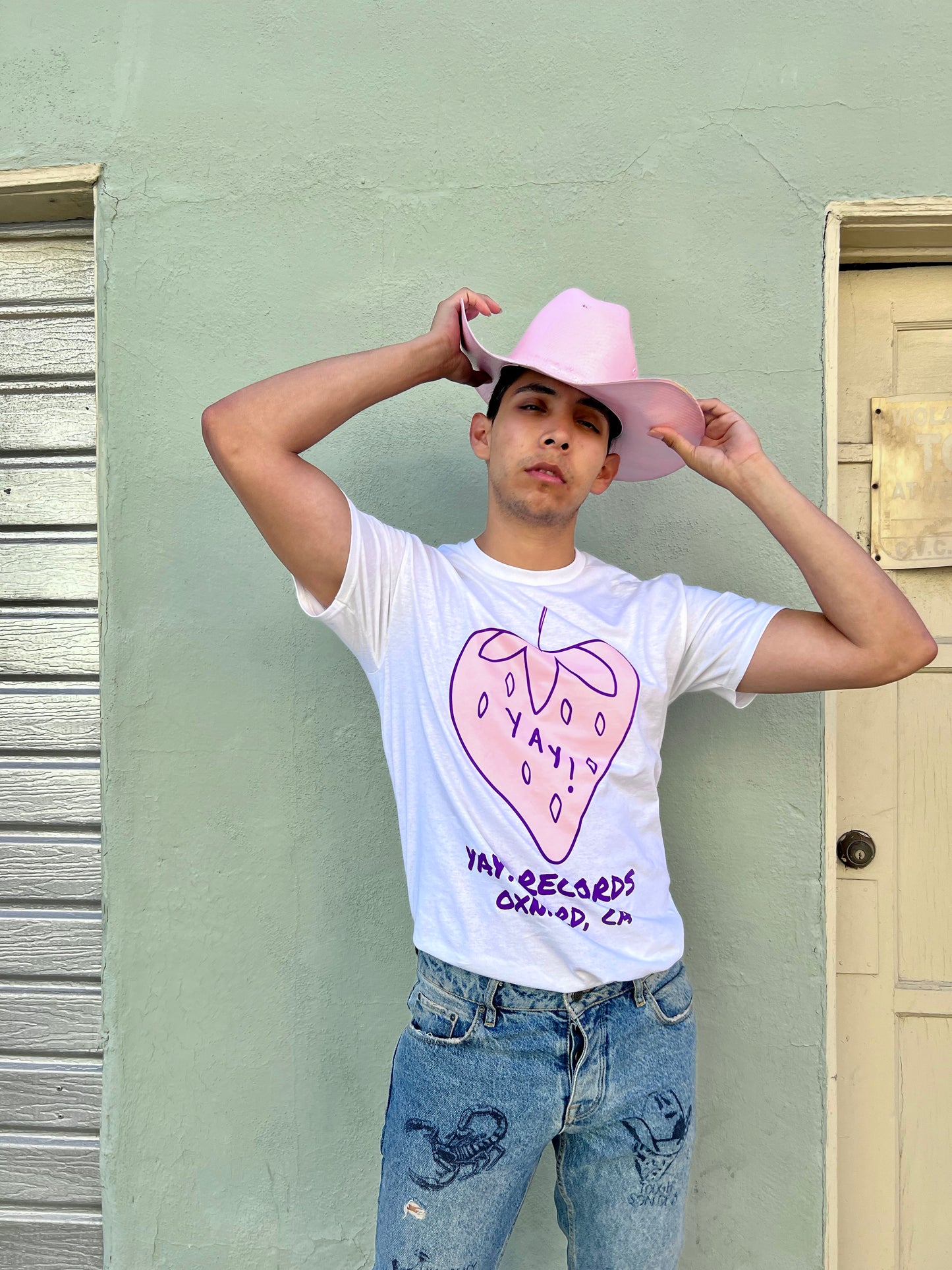 YAY! Records Strawberry Logo White Short Sleeve T Shirt